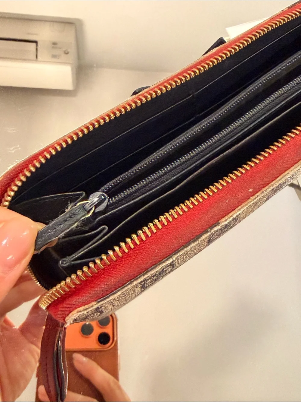 Gucci Beige Canvas Monogram Wallet with Navy and Red Bow
